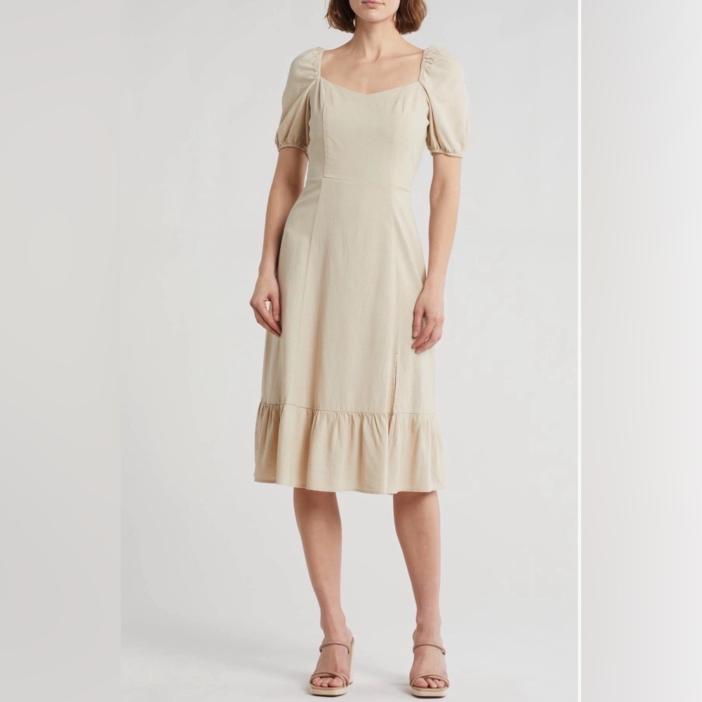 Ellen Tracy Cream Puff Sleeve Linen Blend Peasant Midi Dress